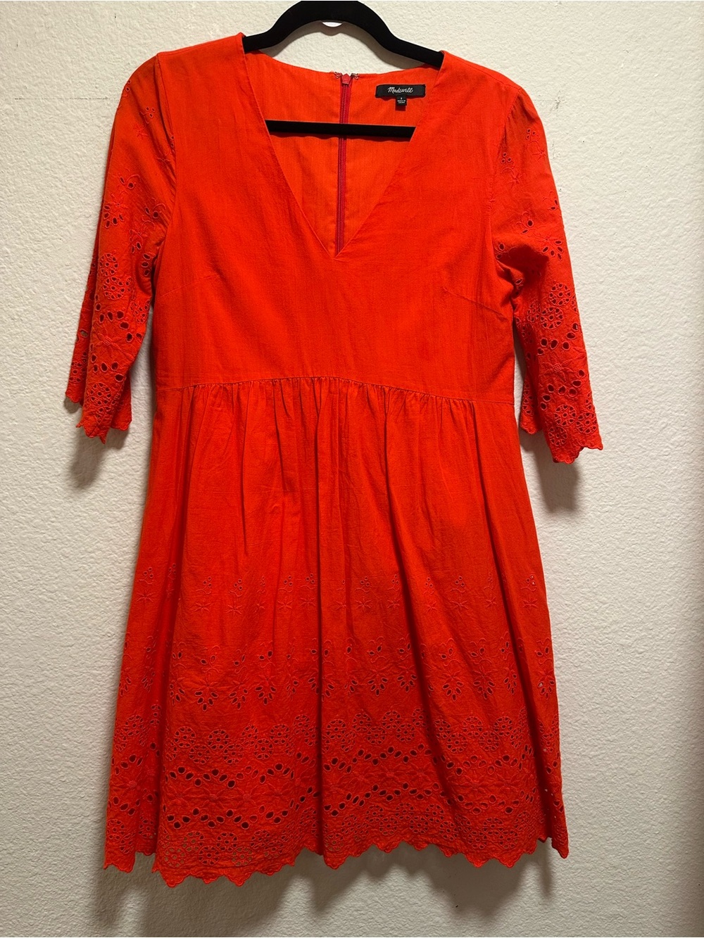 Beautiful Madewell Eyelet Lattice Dress in a vibrant Bright Poppy red-orange sha